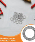 30 Pair M10 Double Layer Self Locking Wedge Shaped Anti Vibration Safety Washers built from heavy manganese steel on table.
