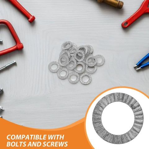 30 Pair M10 Double Layer Self Locking Wedge Shaped Anti Vibration Safety Washers built from heavy manganese steel on table.