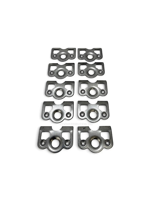 Set of 10 dimpled steel tab plates for Premium Quarter Turn Quick Release Dzus Toggle Fasteners, designed for automotive use.