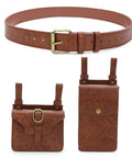 Easy Adjust Vintage Brown Leather Waist Belt With Heavy Duty Industrial Buckle Dope Gritty Look For Larp Cosplay Historical Party Props And Weekend Kickbacks Built Solid Perfect Fit with matching pouches.