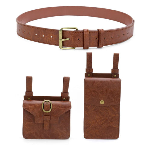 Easy Adjust Vintage Brown Leather Waist Belt With Heavy Duty Industrial Buckle Dope Gritty Look For Larp Cosplay Historical Party Props And Weekend Kickbacks Built Solid Perfect Fit with matching pouches.