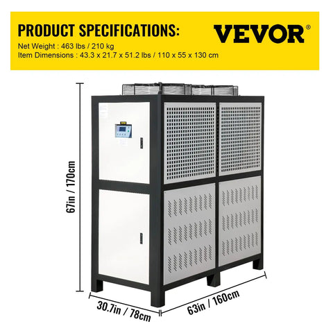 Top Tier Heavy Duty 15 Ton Air Cooled Water Chiller With Stainless Steel Tank And Micro Computer Control, dimensions 67in x 30.7in x 63in.