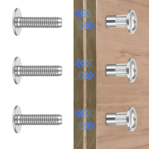 Pick Up These Built Like A Tank Rust Proof 100 Pieces M4 Cabinet Screws Furniture Connector Bolts Binding Barrels And Sleeves Iron Nickel Hardware For Wood Builds displayed with screws and barrels for assembly.