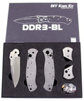DDR3BL DIY Folding Knife Kit With Button Lock 440C Stainless Steel Blade 600 Grit Satin Finish Pre Machined Padauk Handle Scales Gift Boxed Parts Kit USA Design For Building Your Own EDC Knife components in box
