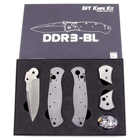 DDR3BL DIY Folding Knife Kit With Button Lock 440C Stainless Steel Blade 600 Grit Satin Finish Pre Machined Padauk Handle Scales Gift Boxed Parts Kit USA Design For Building Your Own EDC Knife components in box