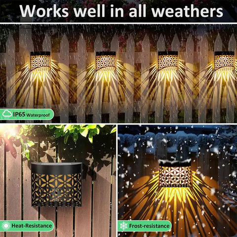 Two Pack Solar Fence Lights Outdoor Waterproof Patio Decor With Glowing Elk Pattern Solar Powered Pathway Lamps Auto On Off Dusk Sensor Easy Mount Five By Four Inches Each glowing on a wooden fence under different weather conditions.