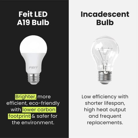 Comparison of A19 LED Light Bulbs 60W Equivalent and incandescent bulb with energy efficiency highlights