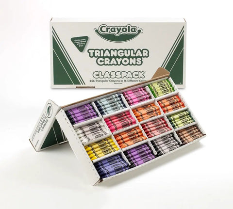 256 Count Triangular Crayons Bulk Pack With 16 Colors For Classrooms And Kids, open box showing colorful crayons.