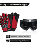 Red protective gloves and black goggles included with Youth Dirt Bike Helmet DOT Certified Full Face Motorcycle Helmet.