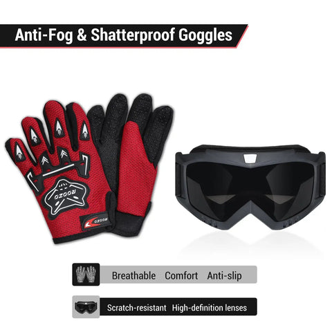 Red protective gloves and black goggles included with Youth Dirt Bike Helmet DOT Certified Full Face Motorcycle Helmet.