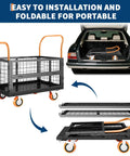 Heavy Duty Folding Utility Cart And Cage Platform Truck With 1800 Lb Capacity being stored in a car trunk, illustrating its foldable design.