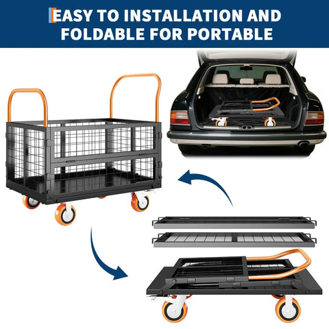 Heavy Duty Folding Utility Cart And Cage Platform Truck With 1800 Lb Capacity being stored in a car trunk, illustrating its foldable design.