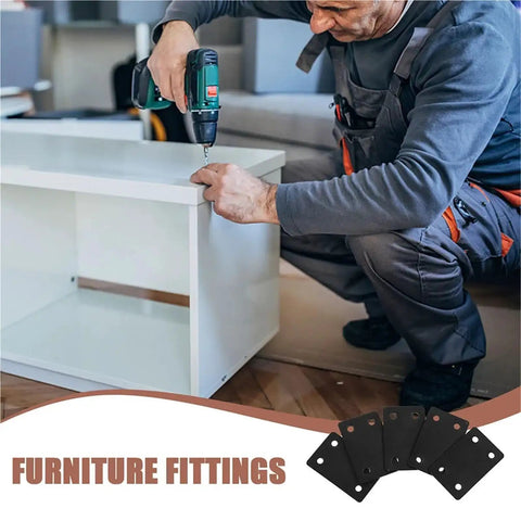 Man using drill on wood cabinet with Heavy Duty Stainless Steel Mending Plate Set Of 12 For Wood Cabinets And Furniture Repairs visible