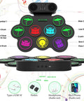 Roll Up 9 Pad MIDI Electronic Drum Set With Headphone Jack Built In Dual Speakers, showing drum pads and connectivity options