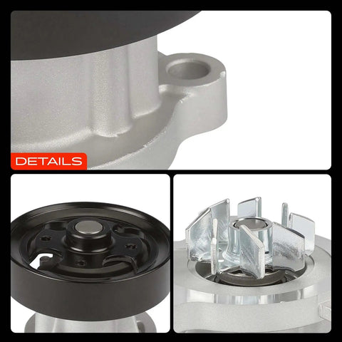 Heavy Duty Engine Water Pump With Drive Pulley And Crankshaft Seal Gasket Assembly close-up view of aluminum body and steel impeller details