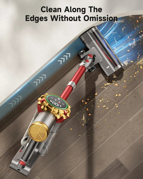 AIPOWAY cordless vacuum cleaner, angled front view with red wand and digital display.