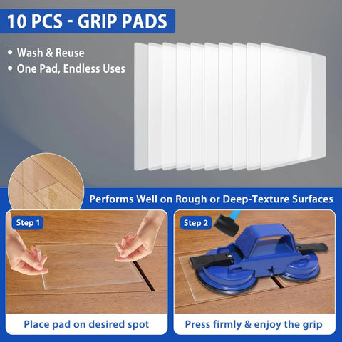 Ten reusable grip pads for Heavy Duty Floor Gap Fixer Tool Sporting Dual Suction Cups And A Forty Five Degree Hammer Face.