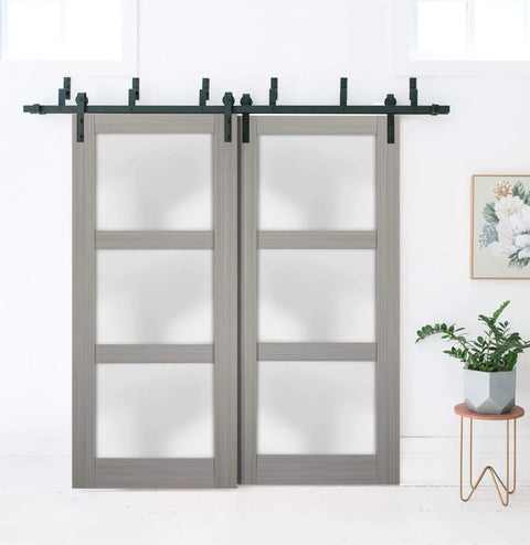 Lucia 2552 Interior Barn Bypass Sliding Doors With Frosted Glass And Solid Wood, Black Finish, 64 By 96 Inches, Modern Style