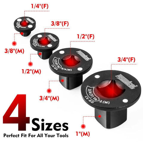 Low Profile Impact Socket Adapter Set Four Piece Kit For Tight Spaces Includes 3/8 To 1/2, 1/4 To 3/8, 3/4 To 1, 1/2 To 3/4