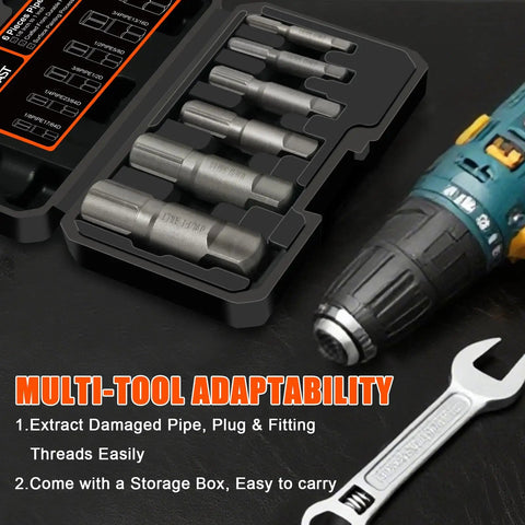 Beast Mode Heavy Duty 6 Piece Pipe Extractor Set in storage case with power drill and spanner for quick plumbing repairs.