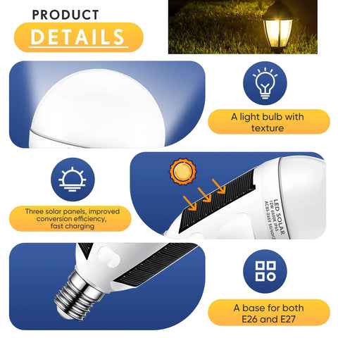4 Pack Solar Rechargeable LED Light Bulbs 12W 6500K Portable Emergency Lighting with solar panels and E26 E27 base details.