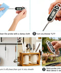 Digital Candy Thermometer Instant Read For Meat And Oil Frying in use; cleaning, setting, inserting, and storing the thermometer.