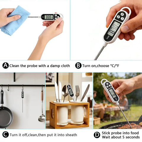 Digital Candy Thermometer Instant Read For Meat And Oil Frying in use; cleaning, setting, inserting, and storing the thermometer.