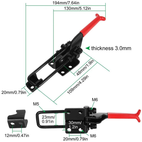 Four Pack Heavy Duty Toggle Clamps With 700 Pound Capacity GH431 Adjustable U Bolt Self Locking Quick Release Latch Clamp Black dimension overview