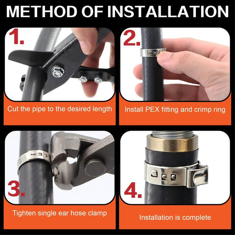 Method of installation for Sixteen Size Single Ear Hose Clamp Kit With 360 Pieces All In One, Fits From 5.3 To 36.1 Millimeters