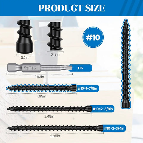 Premium Go To Hidden Deck Screws 10 X 1 7/8 Inch 123 Pcs T15 Star Drive sizes and lengths displayed on a measurement chart.
