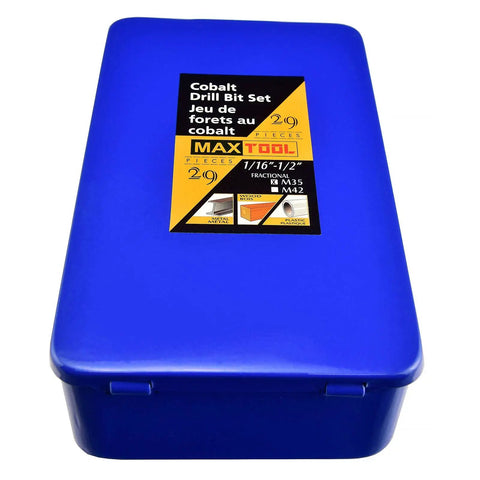29 Piece Twist Drill Bit Set With Five Percent Cobalt M35 For Hardened Steel Cast Iron And Tough Metals in blue case
