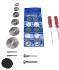Forty Four Piece Cutting Wheel Set With Diamond Cutter Wheels And Circular Saw Blades For Rotary Tools displayed with accessories