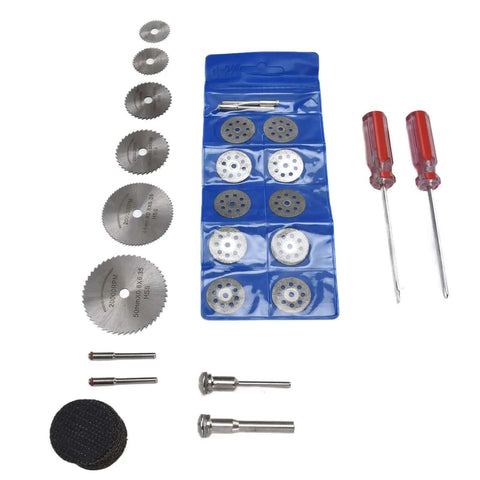 Forty Four Piece Cutting Wheel Set With Diamond Cutter Wheels And Circular Saw Blades For Rotary Tools displayed with accessories