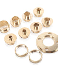 Built Dang Tough 11 Piece Brass Router Guide Kit featuring precision template bushings arranged, showcasing various brass sizes.