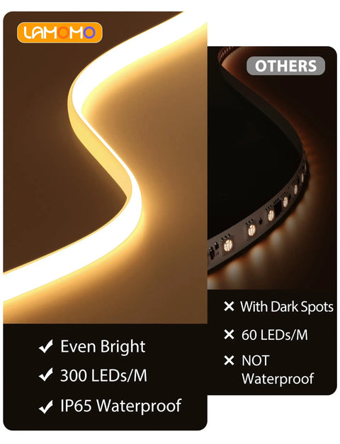 COB LED Strip Lights Pro 16.4Ft Warm White Dimmable Self Adhesive Rope Light With Remote Control, waterproof vs non-waterproof comparison