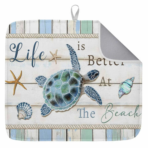 Blue Starfish Shell Conch Wood Grain Dish Drying Mat For Kitchen Counter Super Fast-Drying Ultra Absorbent Microfiber Drainer Pad