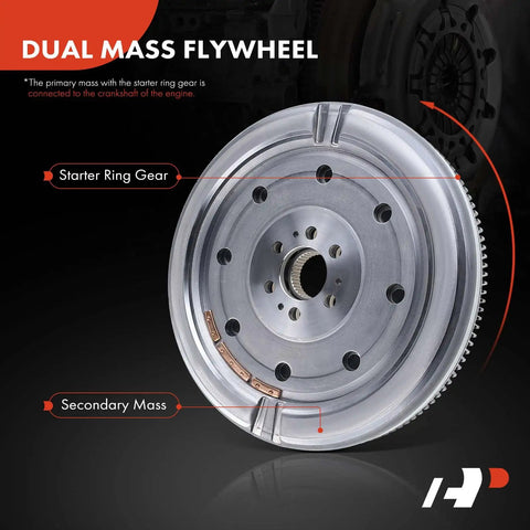 Stock Replacement Dual Mass Flywheel For Volkswagen Jetta Beetle 2005 Through 2007 1.9L Diesel Engine Auto Gearbox showing starter and secondary mass details.