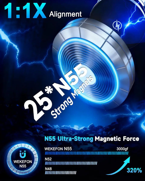MagSafe Car Mount Charger With 15W Fast Wireless Charging Magnetic Phone Holder showcasing 25 N55 strong magnets.
