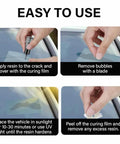 Instructions displayed on using Lyseemin Glass Fix Guard 2025 Windshield Crack Repair Formula and Kit for quick seal steps.
