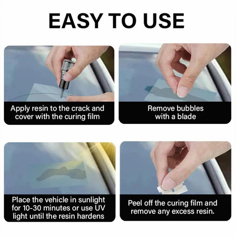 Instructions displayed on using Lyseemin Glass Fix Guard 2025 Windshield Crack Repair Formula and Kit for quick seal steps.