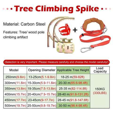 Diagram showing Palm Tree Climbing Gear With Adjustable Spikes And Foot Pegs, carbon steel, 150kg load capacity, 400mm length.