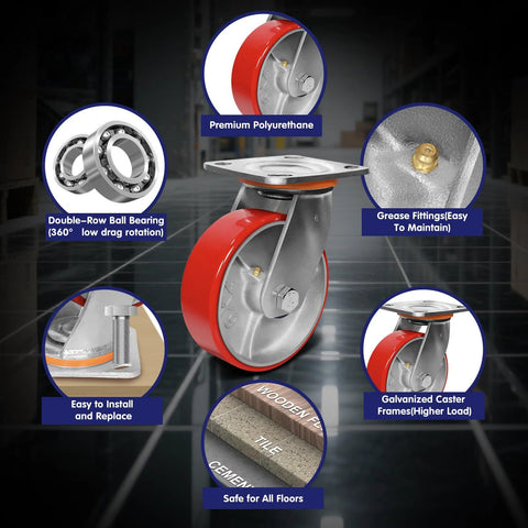 Heavy Duty 6X2 Inch Caster Set Of 4 With Polyurethane Treads And Cast Iron Cores, 5000 Lb Capacity Industrial Swivel Plate Casters features