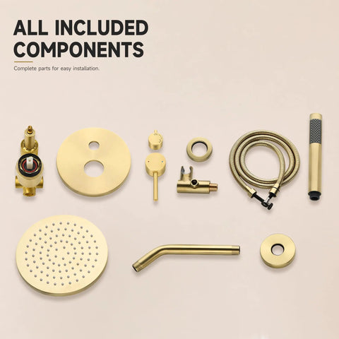 Dope All Metal Brushed Gold Shower System With Eight Inch Rain Head That Keeps Things Rust Free And Looks Absolutely Sick For Any Modern Bathroom Premium Stainless Steel Wall Mounted Faucet Handle And Shower Arm Extension