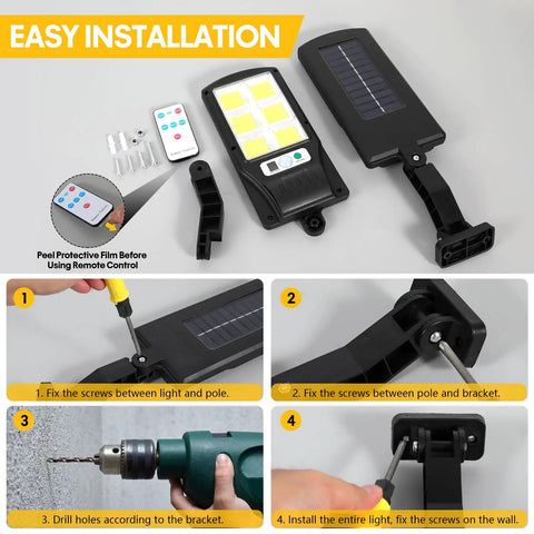 Easy installation guide for Outdoor Solar Motion Sensor Flood Lights 6000 Lumens 120 LED 3 Modes Waterproof Wall Lamp 4 Pack