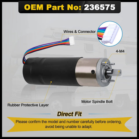 In Wall Slide Out Motor For Lippert Schwintek IG42 12V High Torque 300 To 1 Gear Ratio Replacement close-up with wires