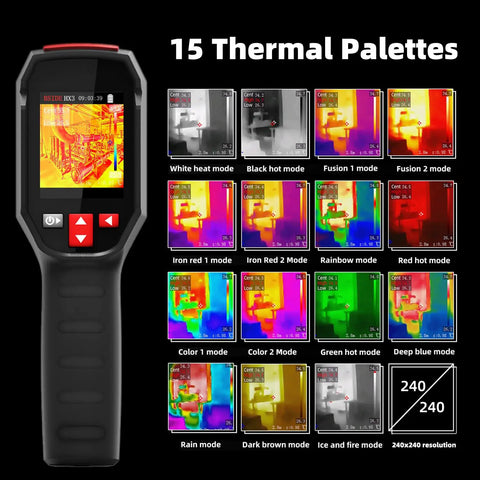Rechargeable Handheld Infrared Thermal Camera With 240 By 240 Resolution, 15 Color Palettes shown on display.