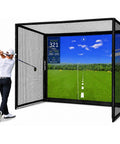 Golfer using All In One 10x8ft Golf Simulator Enclosure With Hitting Net HD Impact Screen Target Cloth Foam Padding setup