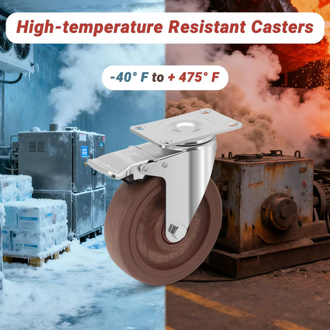 5 Inch Heavy Duty Casters Set Of 4 With Brakes 2400 Lbs Capacity High Temperature Glass Filled Nylon Wheels For Workbenches And Industrial Carts Heat Resistant From Minus 40 F To 475 F Durable Castors For Rough Environments in a frozen and industrial setting