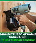 Person using Metabo HPT nailer with Coil Siding Nails 3,600 Count 1-3/4 Inch By.092 Inch 15 Degree Full Round Head Ring Shank Wire