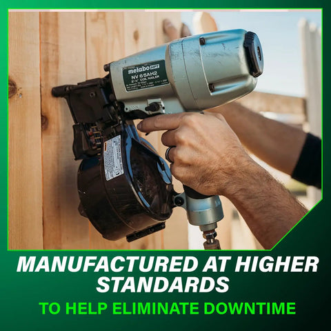 Person using Metabo HPT nailer with Coil Siding Nails 3,600 Count 1-3/4 Inch By.092 Inch 15 Degree Full Round Head Ring Shank Wire